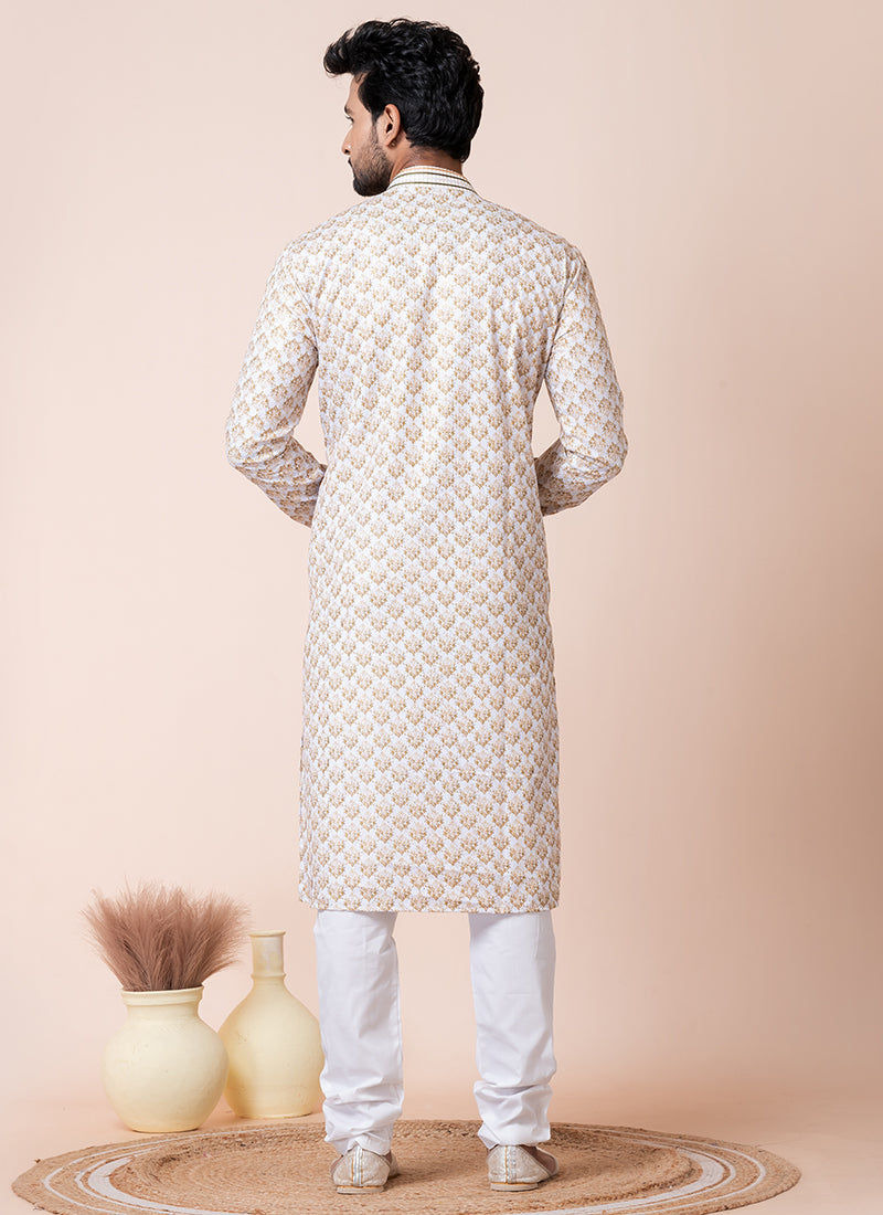Mono Cotton  White Festival Wear Printed Readymade Kurta Pajama