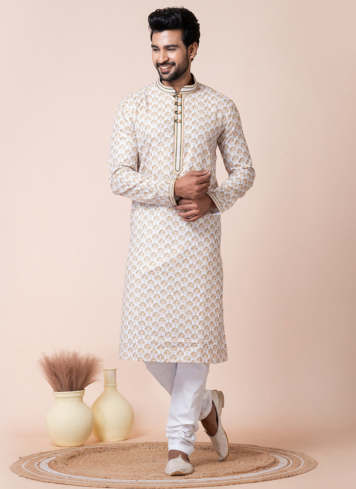 Mono Cotton  White Festival Wear Printed Readymade Kurta Pajama