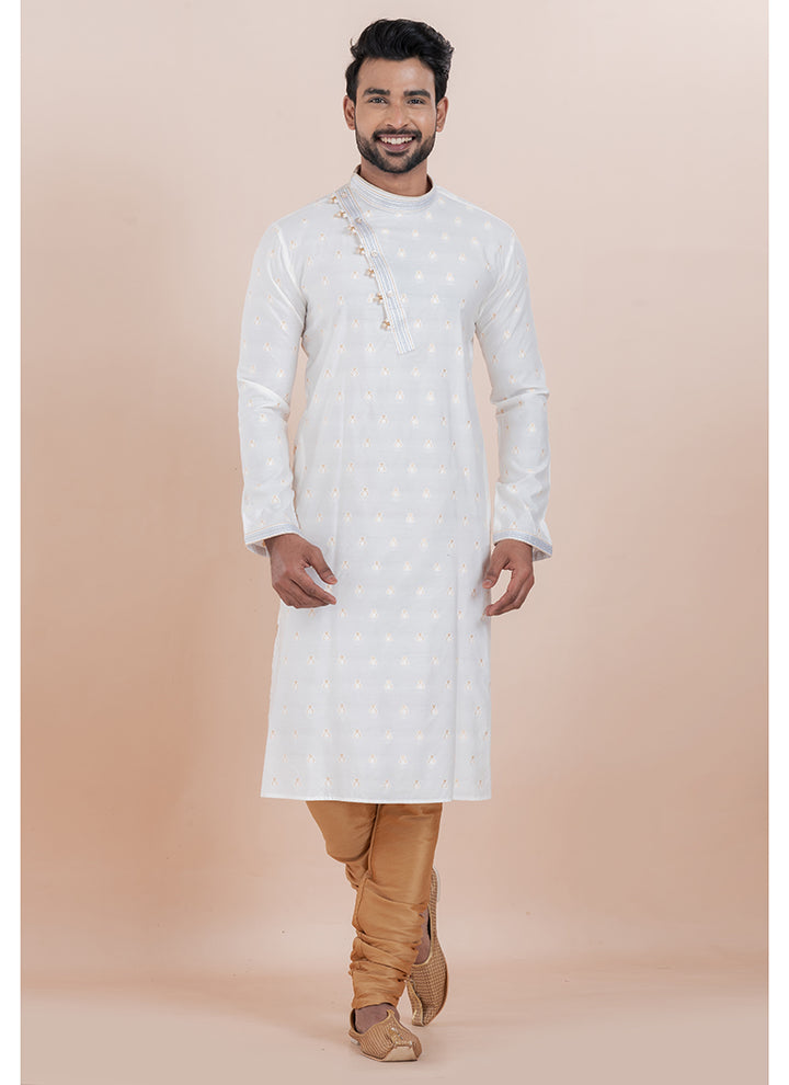 Silk White Ceremonial Wear Jacquard Work Readymade Kurta Pajama