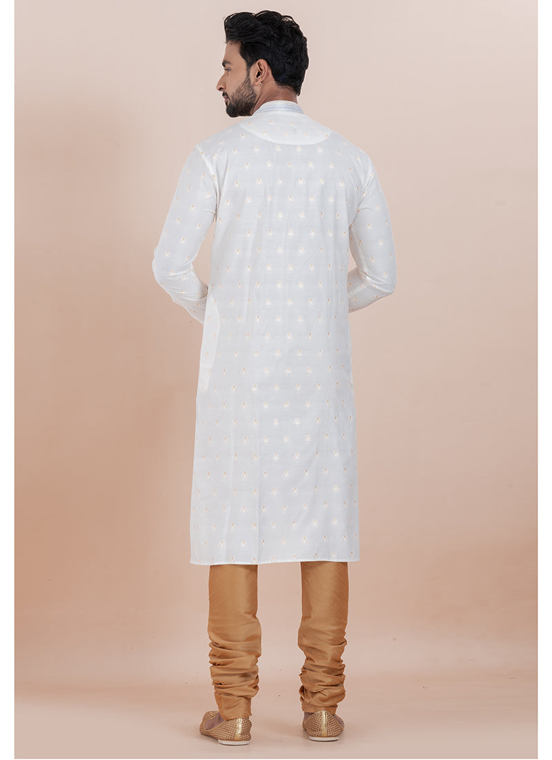Silk White Ceremonial Wear Jacquard Work Readymade Kurta Pajama