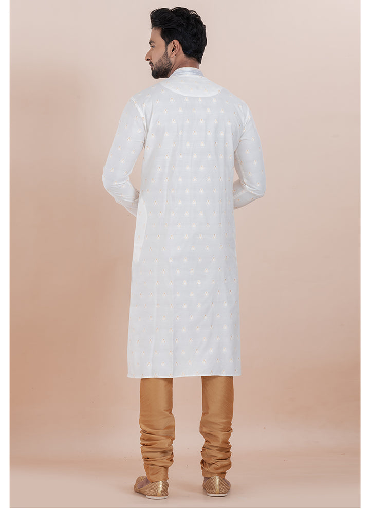 Silk White Ceremonial Wear Jacquard Work Readymade Kurta Pajama