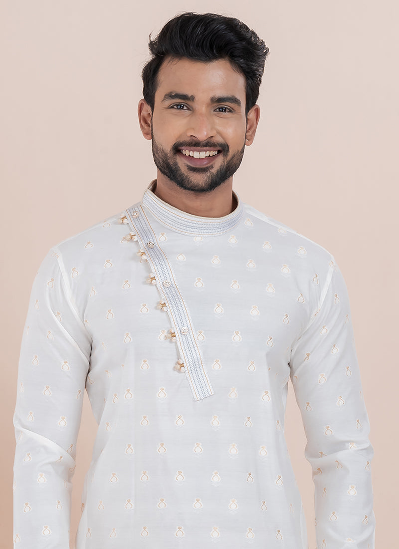 Silk White Ceremonial Wear Jacquard Work Readymade Kurta Pajama