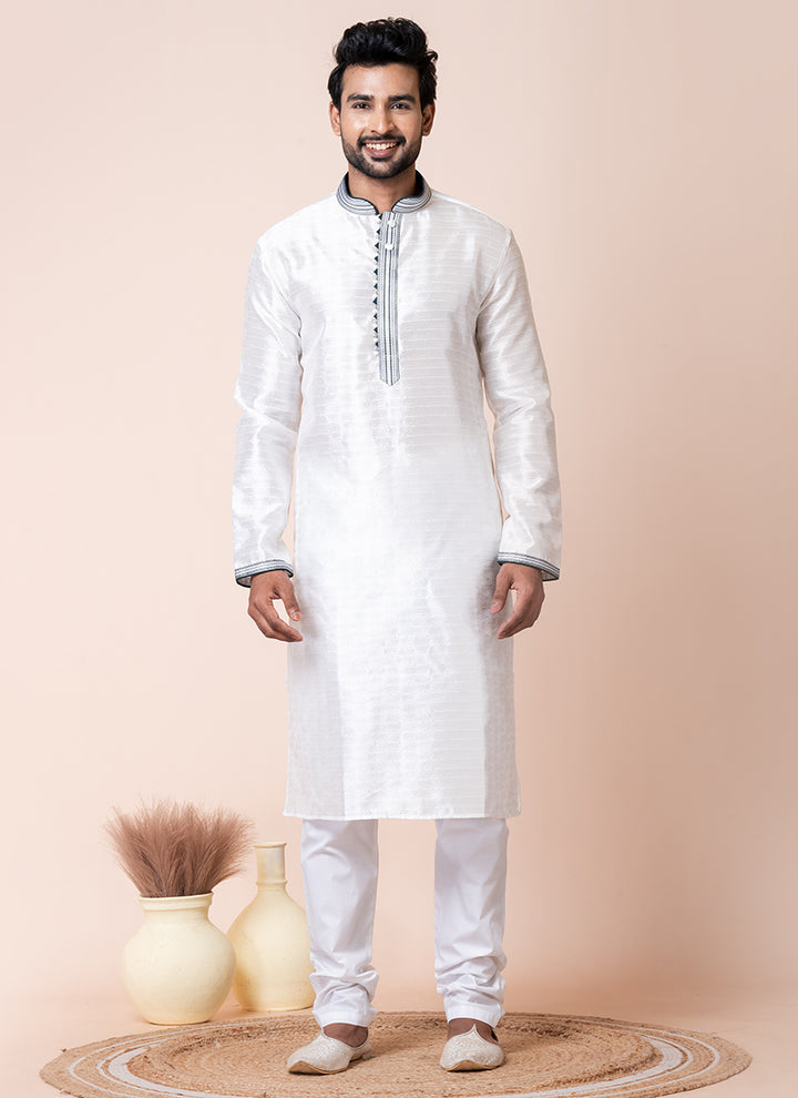 Silk White Festival Wear Printed Readymade Kurta Pajama