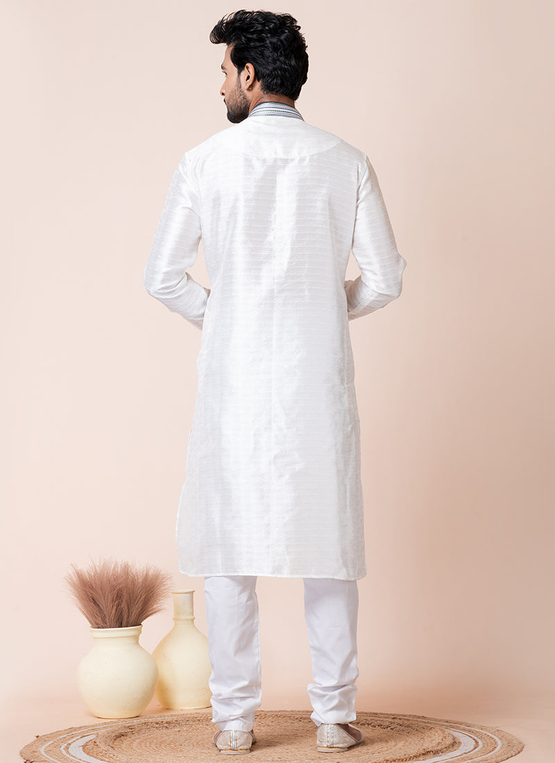 Silk White Festival Wear Printed Readymade Kurta Pajama