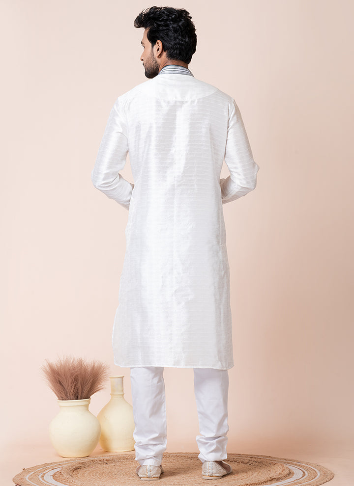 Silk White Festival Wear Printed Readymade Kurta Pajama