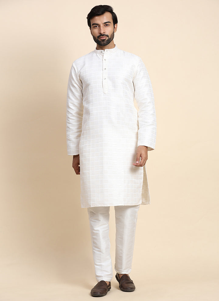 Viscose Jacquard White Festival Wear Weaving  Readymade Kurta Pajama