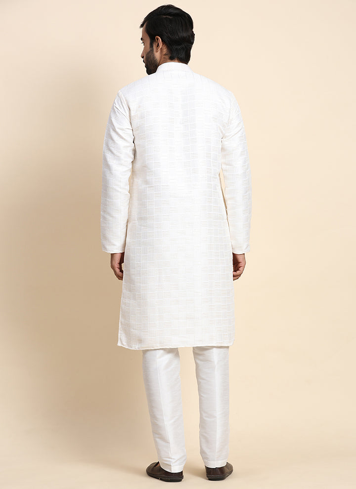 Viscose Jacquard White Festival Wear Weaving  Readymade Kurta Pajama
