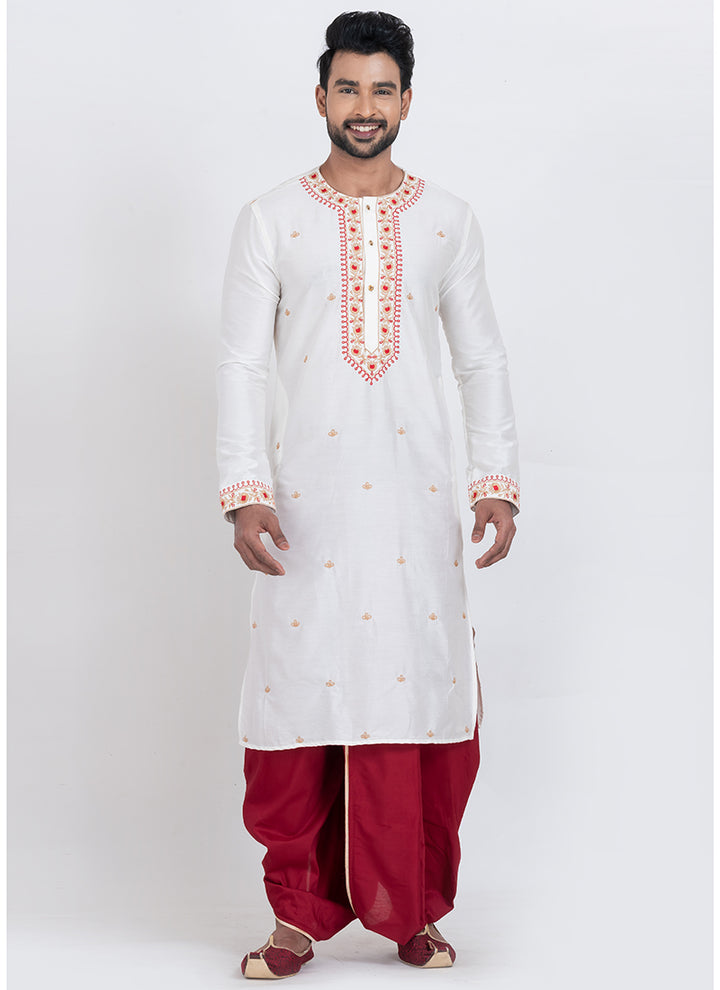 Viscose Ps White Festival Wear Thread Work Readymade Kurta With Dhoti