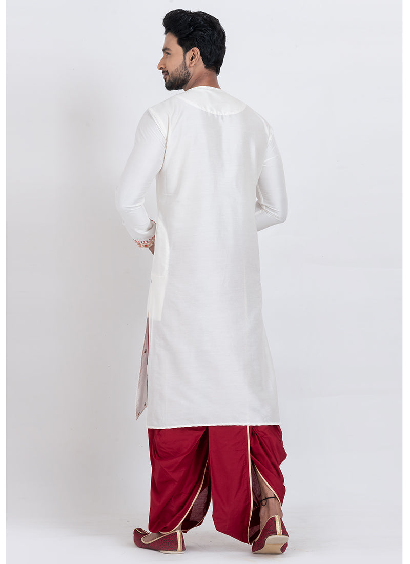 Viscose Ps White Festival Wear Thread Work Readymade Kurta With Dhoti