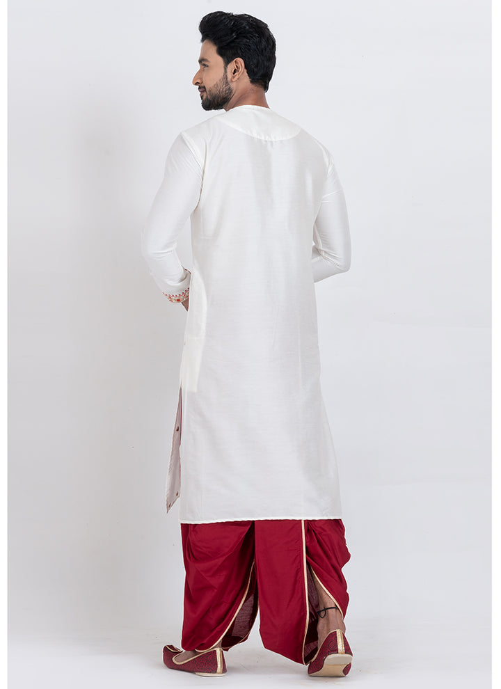 Viscose Ps White Festival Wear Thread Work Readymade Kurta With Dhoti