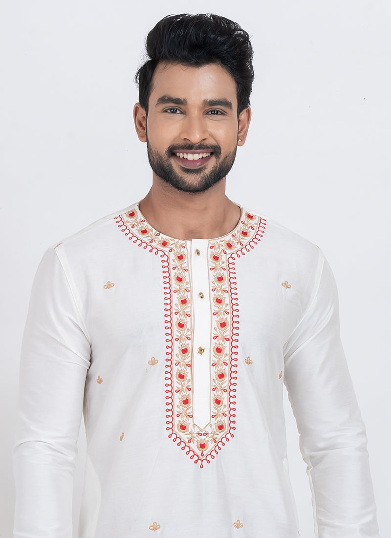 Viscose Ps White Festival Wear Thread Work Readymade Kurta With Dhoti