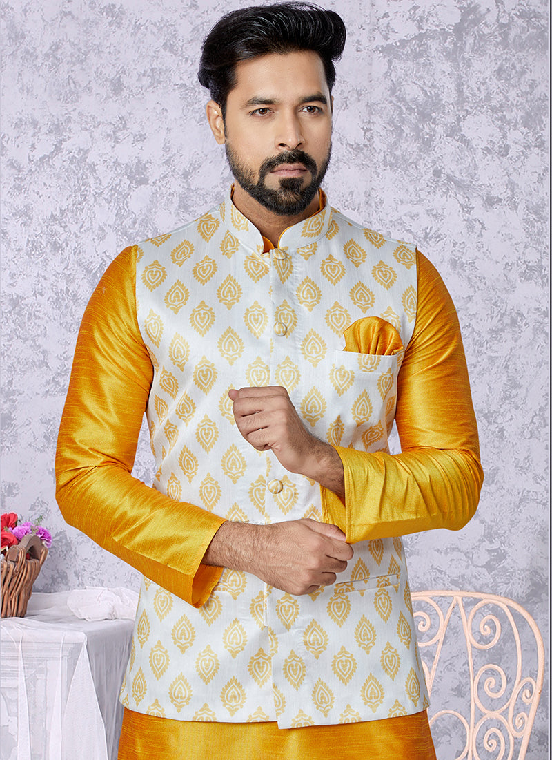 Banarasi Dhupion White Wedding Wear Banarasi Work Mens Waist Coat