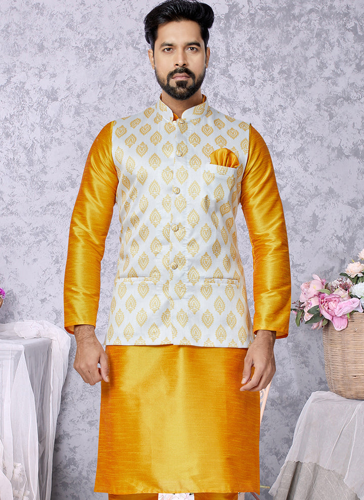 Banarasi Dhupion White Wedding Wear Banarasi Work Mens Waist Coat