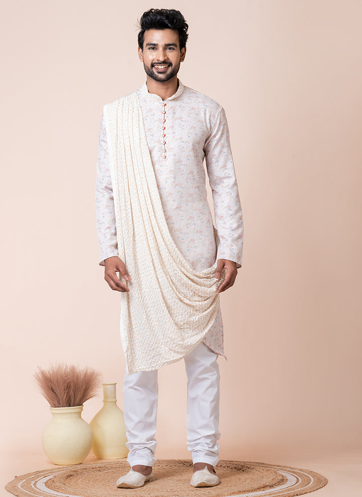 Viscose White Multi Festival Wear Printed Readymade Kurta Pajama