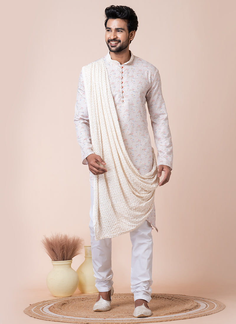 Viscose White Multi Festival Wear Printed Readymade Kurta Pajama