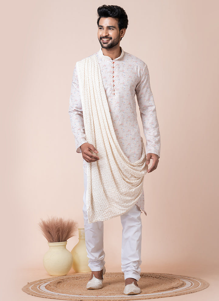 Viscose White Multi Festival Wear Printed Readymade Kurta Pajama