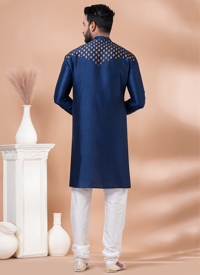 Banarasi Dhupion Silk White Navy Blue Festival Wear Weaving Kurta Pajama