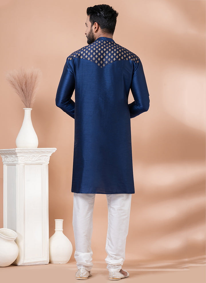 Banarasi Dhupion Silk White Navy Blue Festival Wear Weaving Kurta Pajama