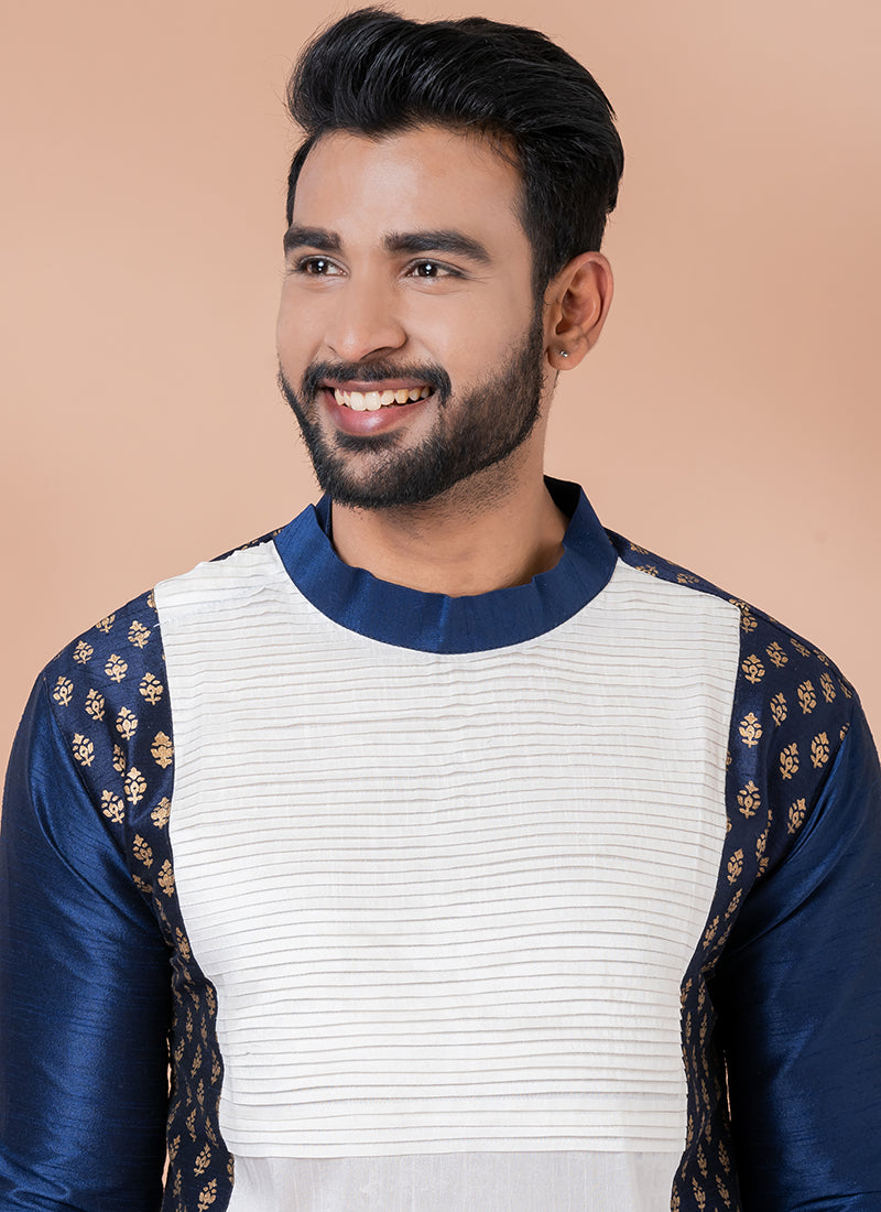 Banarasi Dhupion Silk White Navy Blue Festival Wear Weaving Kurta Pajama