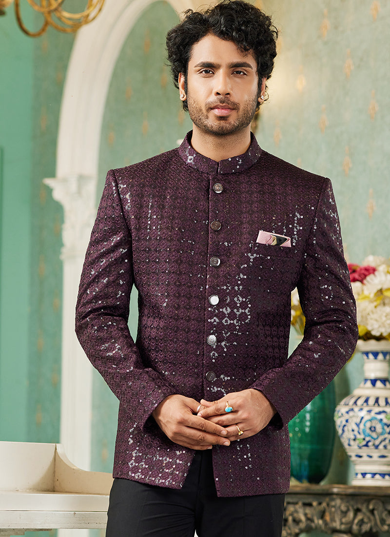 Wine Art Silk Wedding Wear Thread Work Jodhpuri Suit