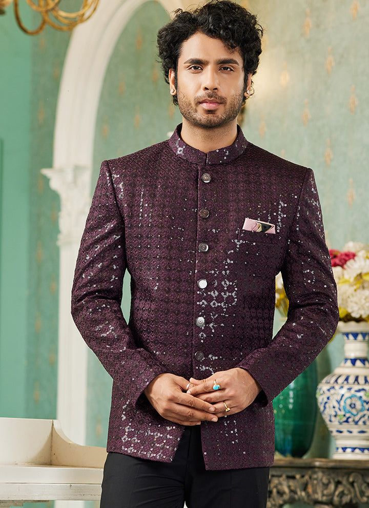 Wine Art Silk Wedding Wear Thread Work Jodhpuri Suit