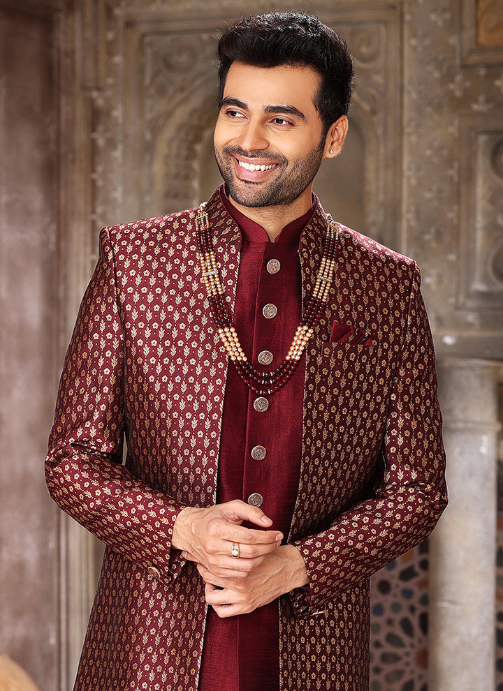 Wine Art Silk Wedding Wear Thread Work Mens Indo Western