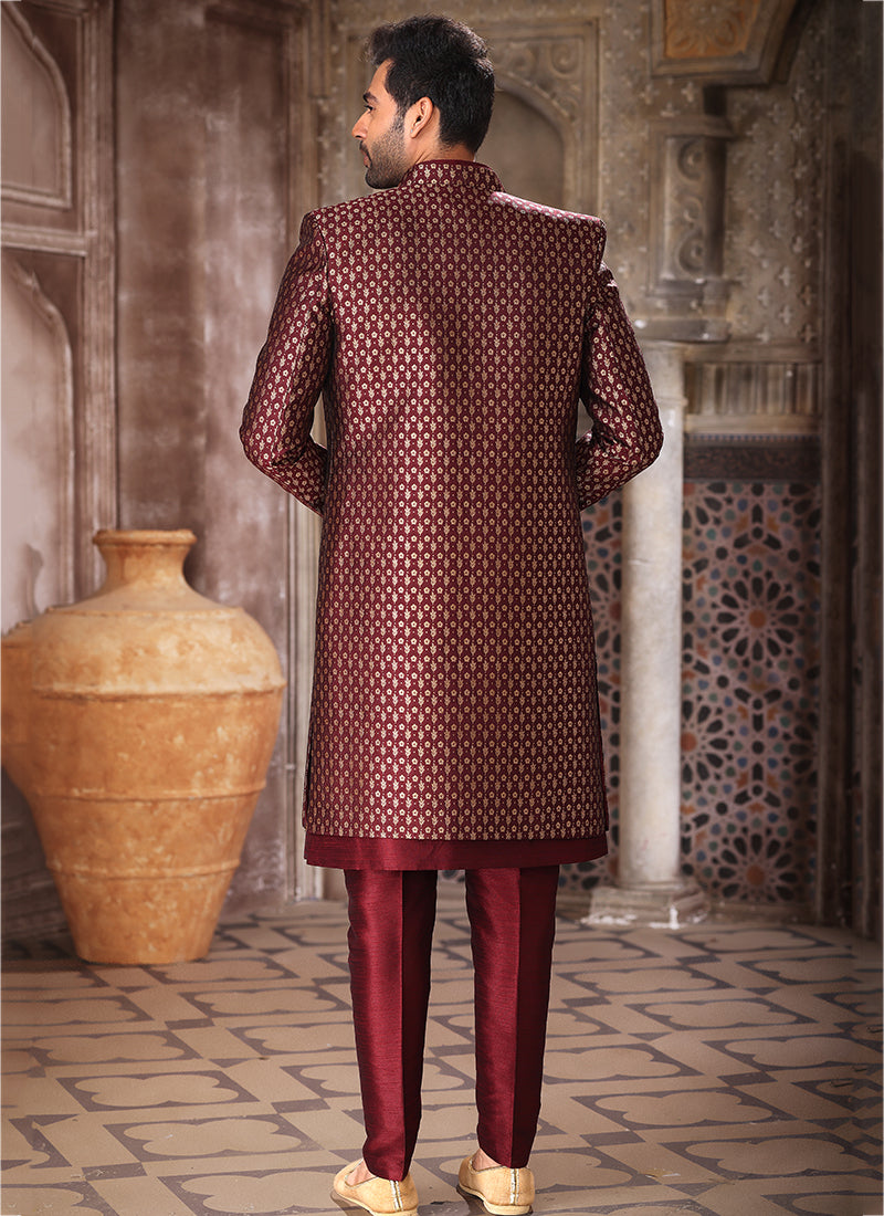 Wine Art Silk Wedding Wear Thread Work Mens Indo Western