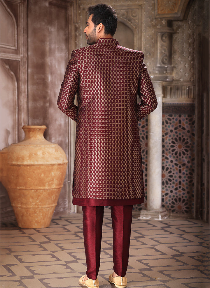 Wine Art Silk Wedding Wear Thread Work Mens Indo Western