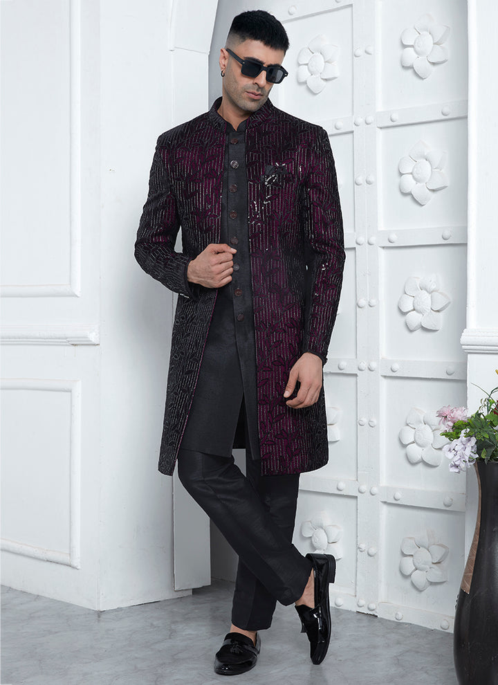 Art Silk Wine Wedding Wear Pattern Pc Readymade Sherwani