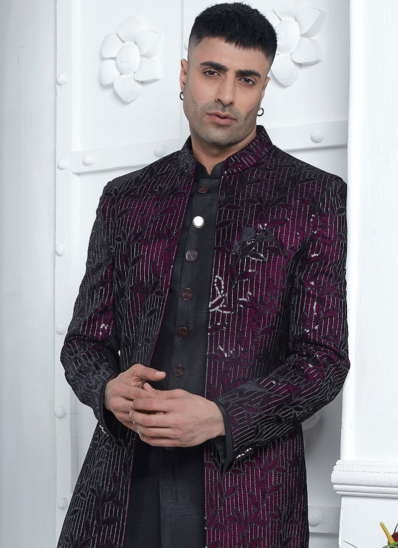 Art Silk Wine Wedding Wear Pattern Pc Readymade Sherwani