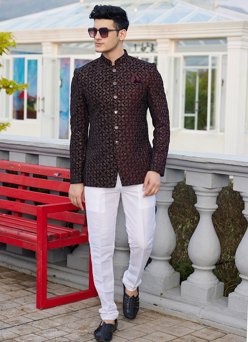 Art Silk Wine Wedding Wear Thread Work Readymade Jodhpuri Suit(Top Only)