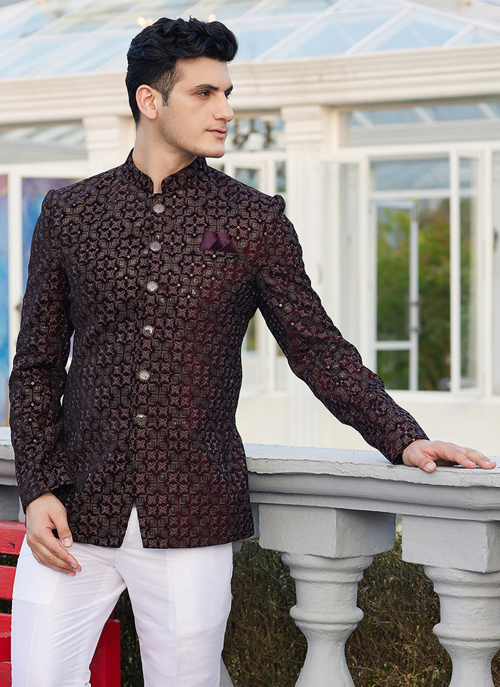 Art Silk Wine Wedding Wear Thread Work Readymade Jodhpuri Suit(Top Only)