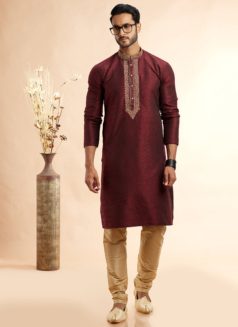 Jacquard Art Silk Wine Festival Wear Machine Work Readymade Kurta Pajama