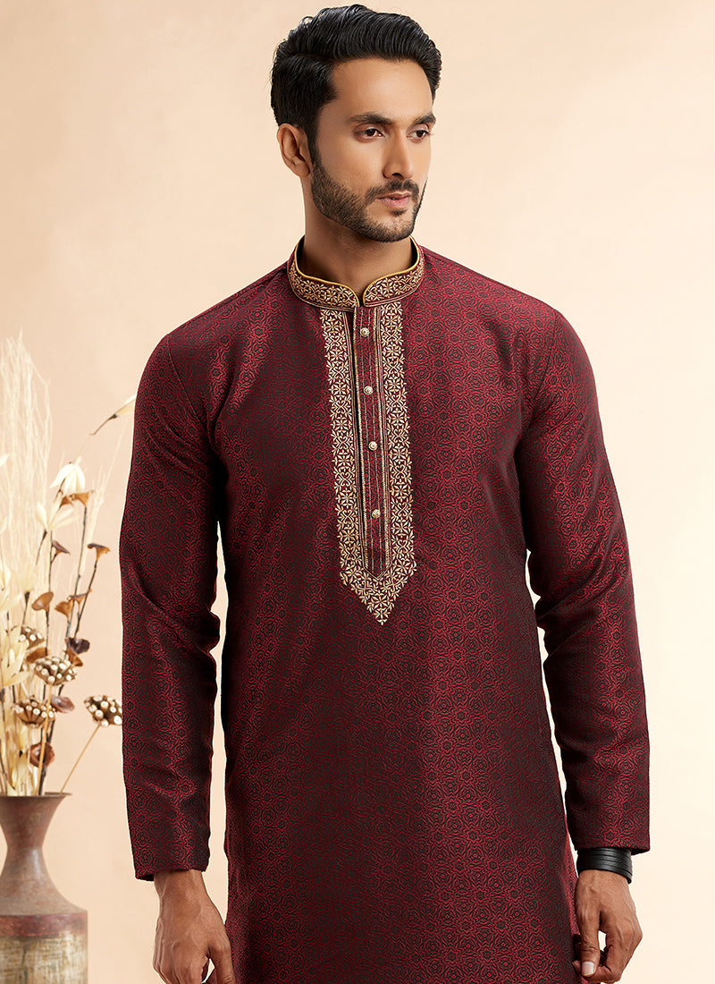 Jacquard Art Silk Wine Festival Wear Machine Work Readymade Kurta Pajama