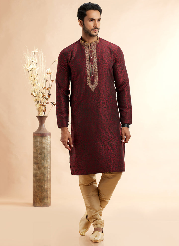 Jacquard Art Silk Wine Festival Wear Machine Work Readymade Kurta Pajama