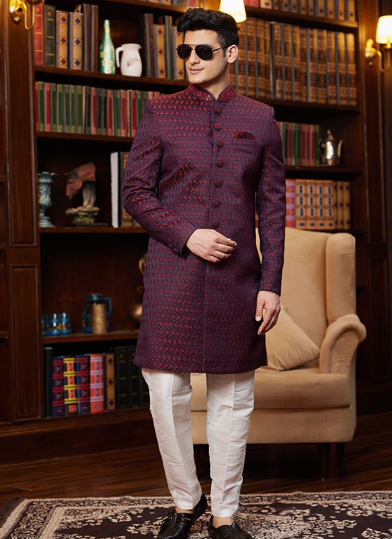Jacquard Silk Wine Wedding Wear Hand Work Readymade Sherwani