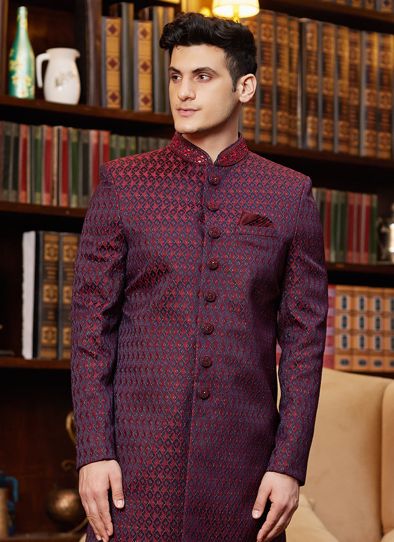 Jacquard Silk Wine Wedding Wear Hand Work Readymade Sherwani