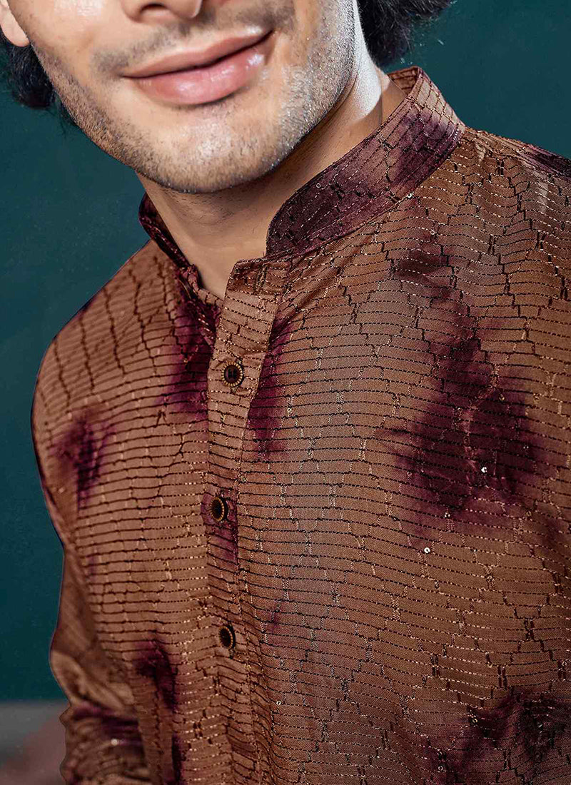 Viscose Wine Eid Wear Embroidery Work Readymade Kurta Pajama