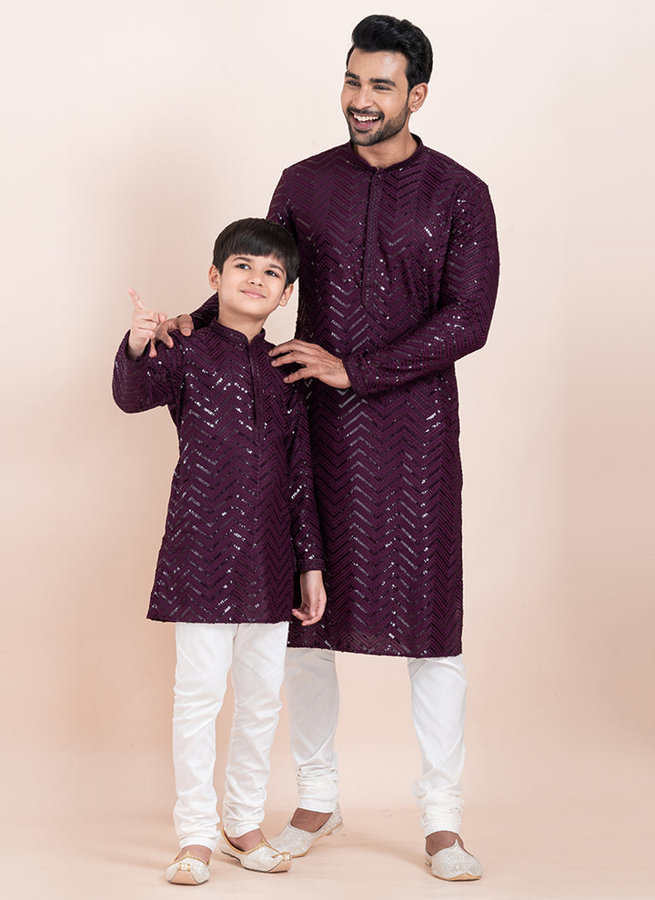 Viscose Rayon Wine Eid Wear Sequins Work Readymade Father Son Combo Set