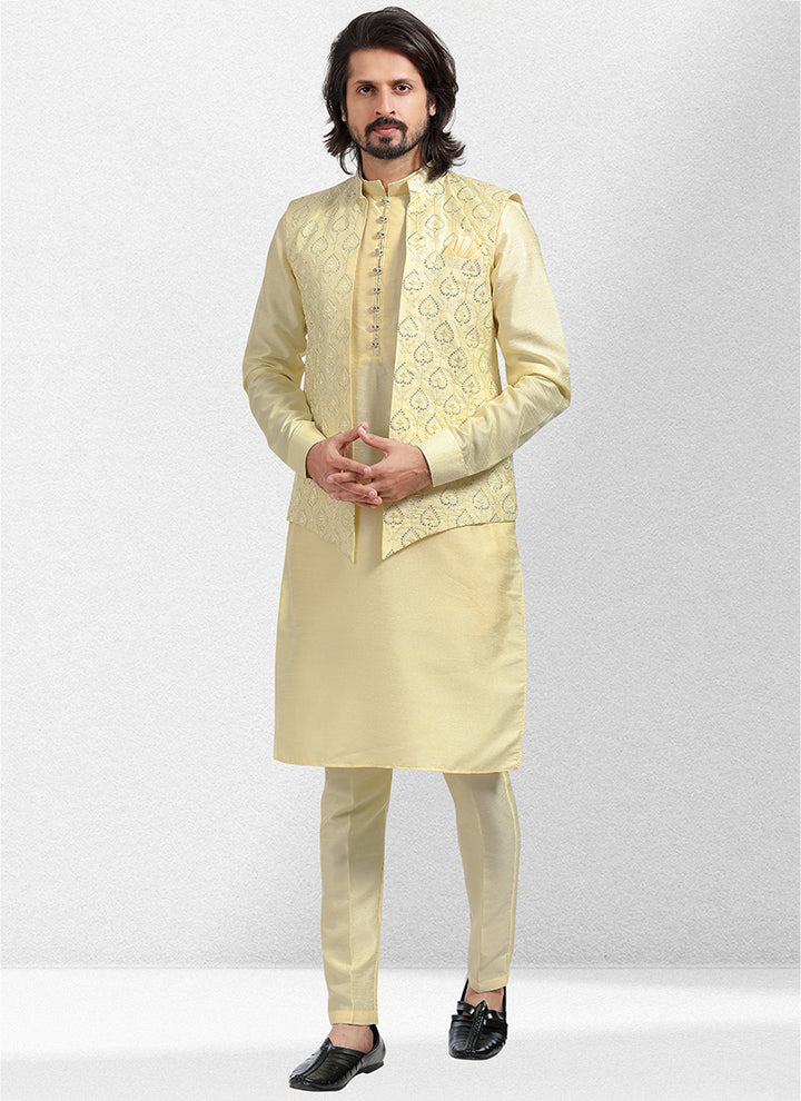 Yellow Art Silk Festival Wear Thread Work Kurta Pajama With Jacket