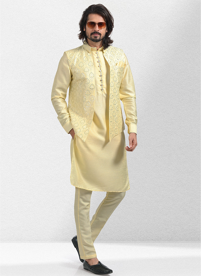 Yellow Art Silk Festival Wear Thread Work Kurta Pajama With Jacket
