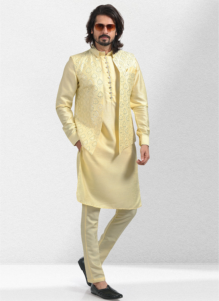 Yellow Art Silk Festival Wear Thread Work Kurta Pajama With Jacket