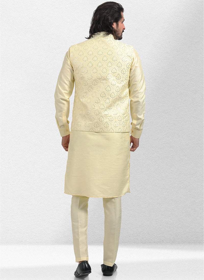 Yellow Art Silk Festival Wear Thread Work Kurta Pajama With Jacket
