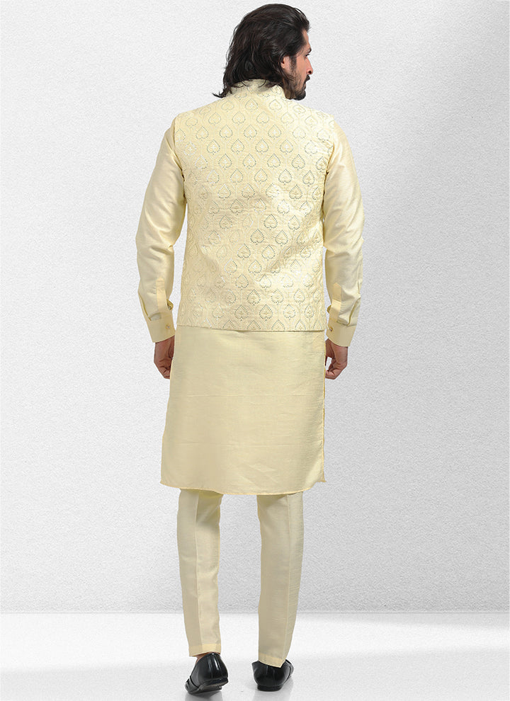 Yellow Art Silk Festival Wear Thread Work Kurta Pajama With Jacket