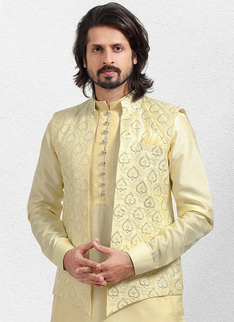 Yellow Art Silk Festival Wear Thread Work Kurta Pajama With Jacket