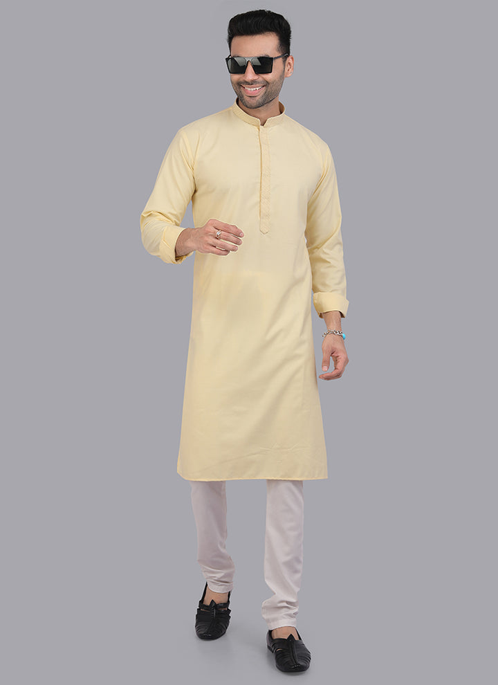 Yellow Art Silk Party Wear Thread Work Readymade Mens Kurta Pajama