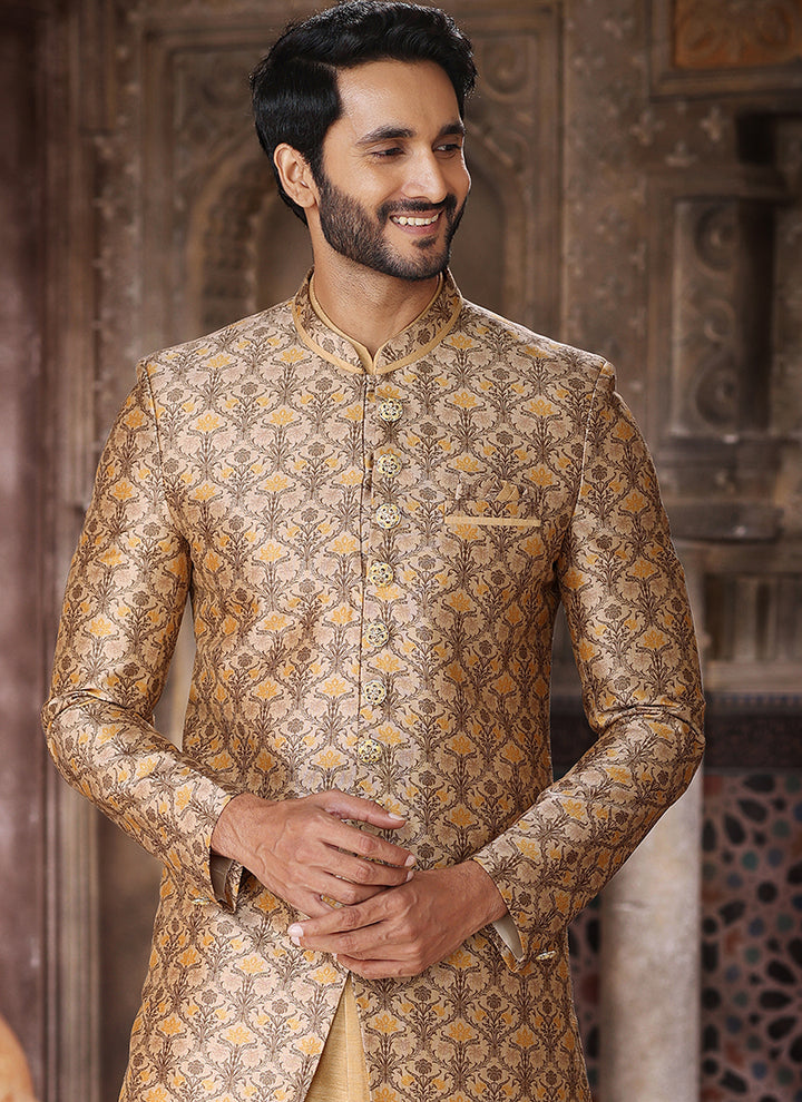 Yellow Art Silk Wedding Wear Thread Work Mens Indo Western