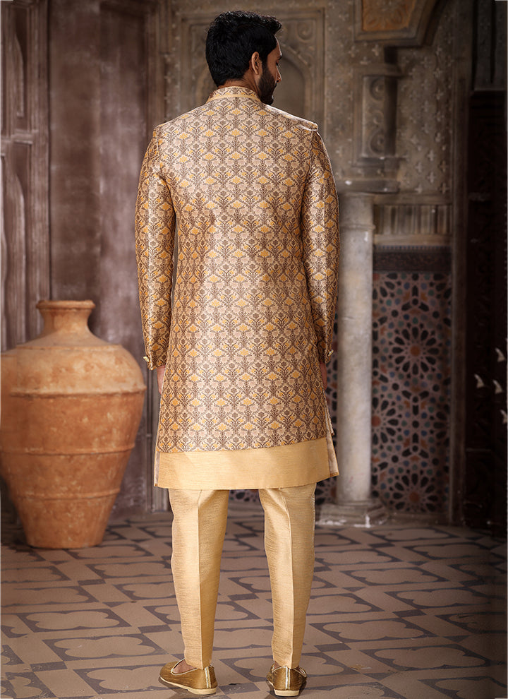 Yellow Art Silk Wedding Wear Thread Work Mens Indo Western