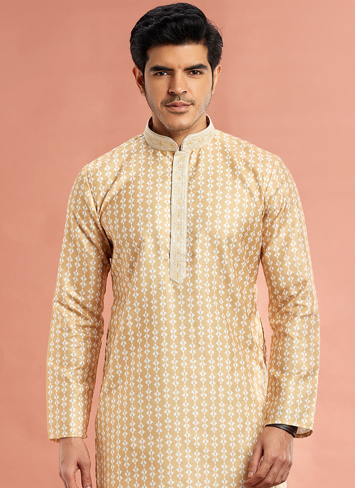 Art Cotton Silk Yellow Traditional Wear Thread Work Kurta Pajama