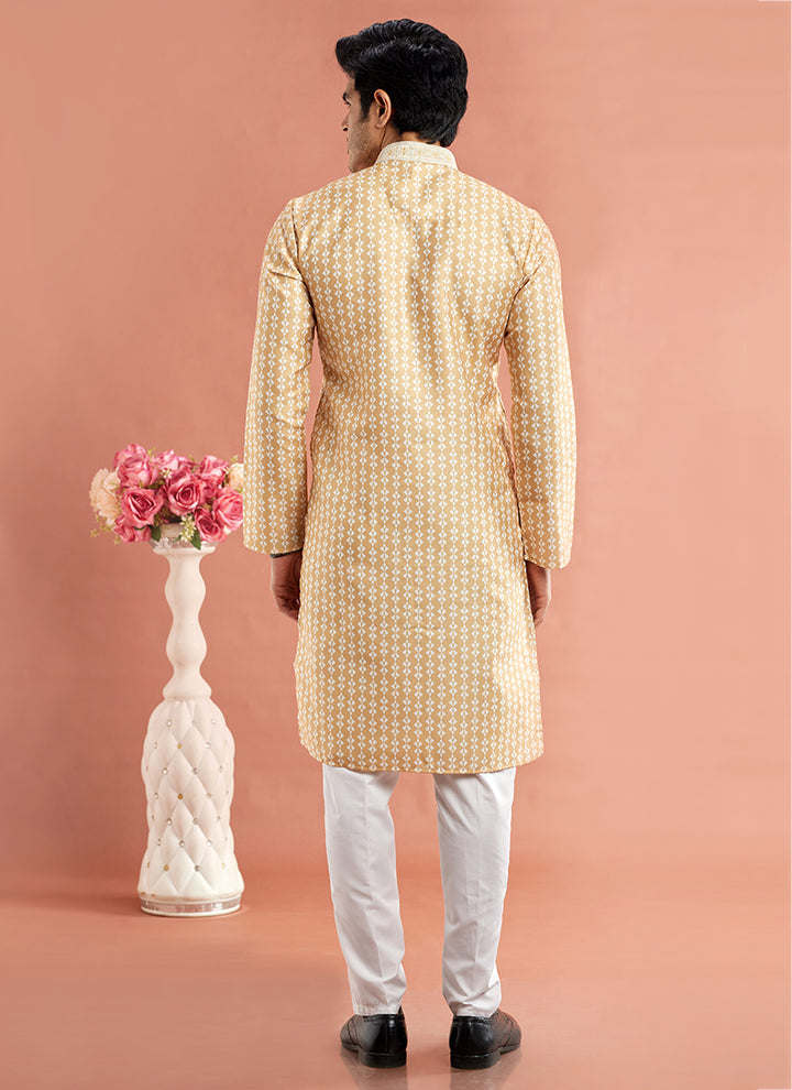 Art Cotton Silk Yellow Traditional Wear Thread Work Kurta Pajama